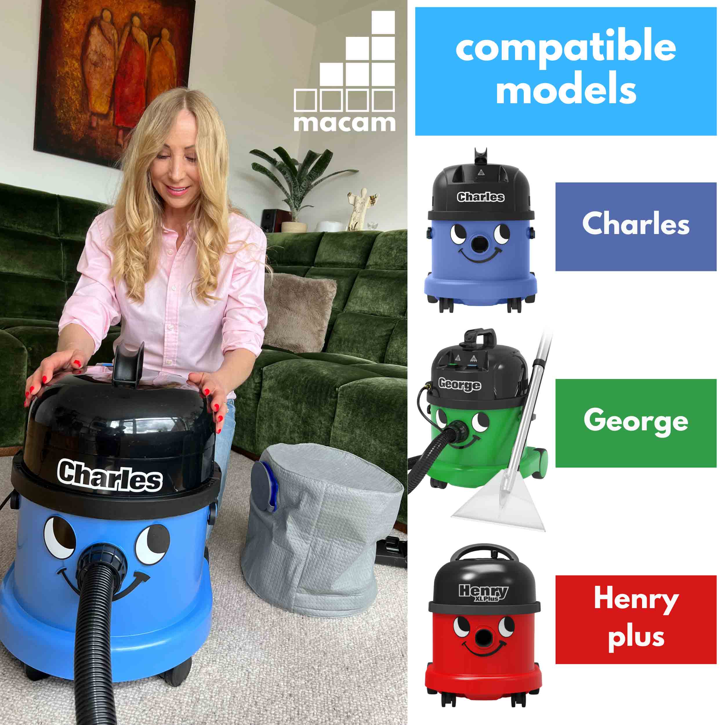 Reusable dust bag for Numatic Henry XL, Charles and George laid flat showing full bag shape