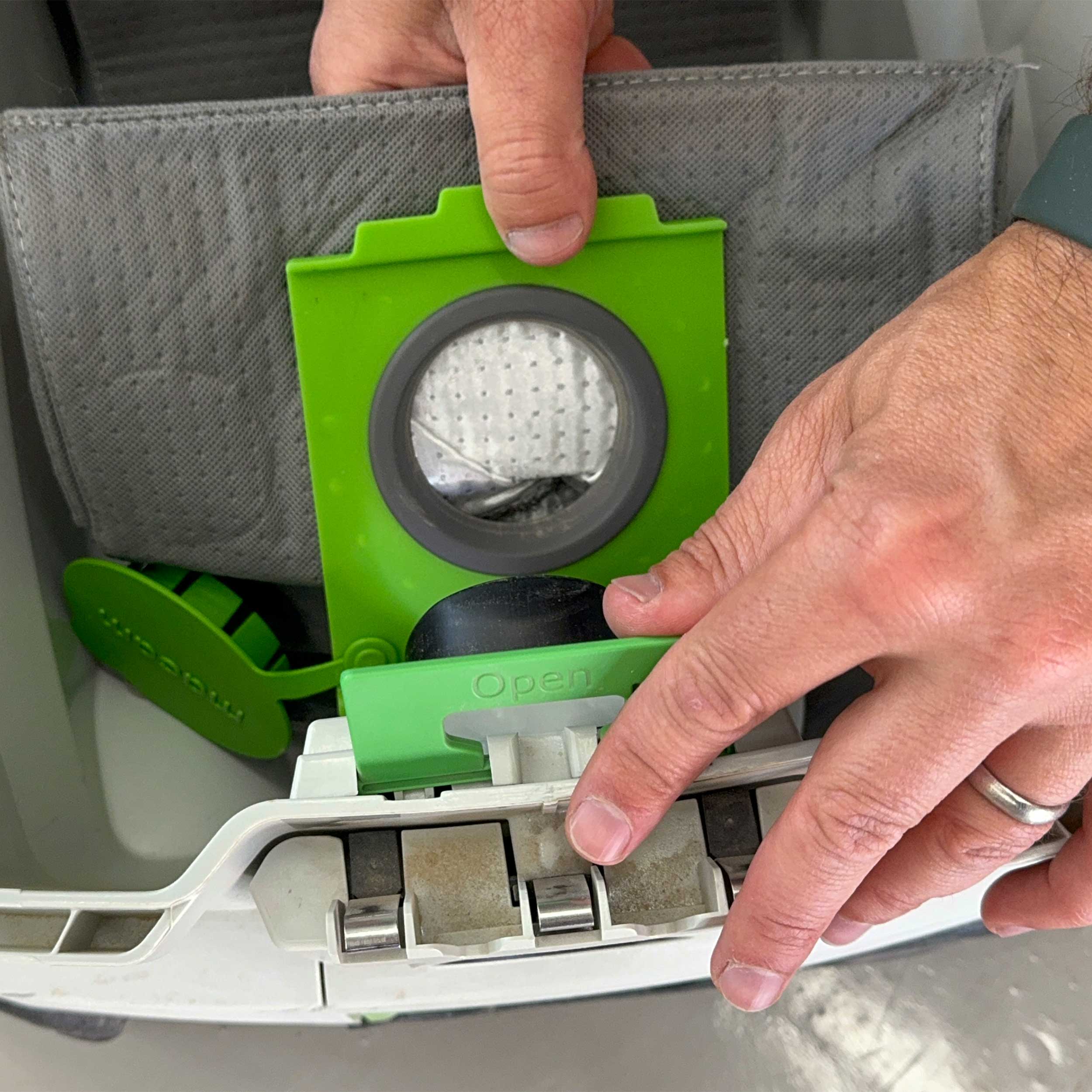 Reusable dust bag for Festool CLEANTEC 36 dust extractor fitted inside the machine, close view
