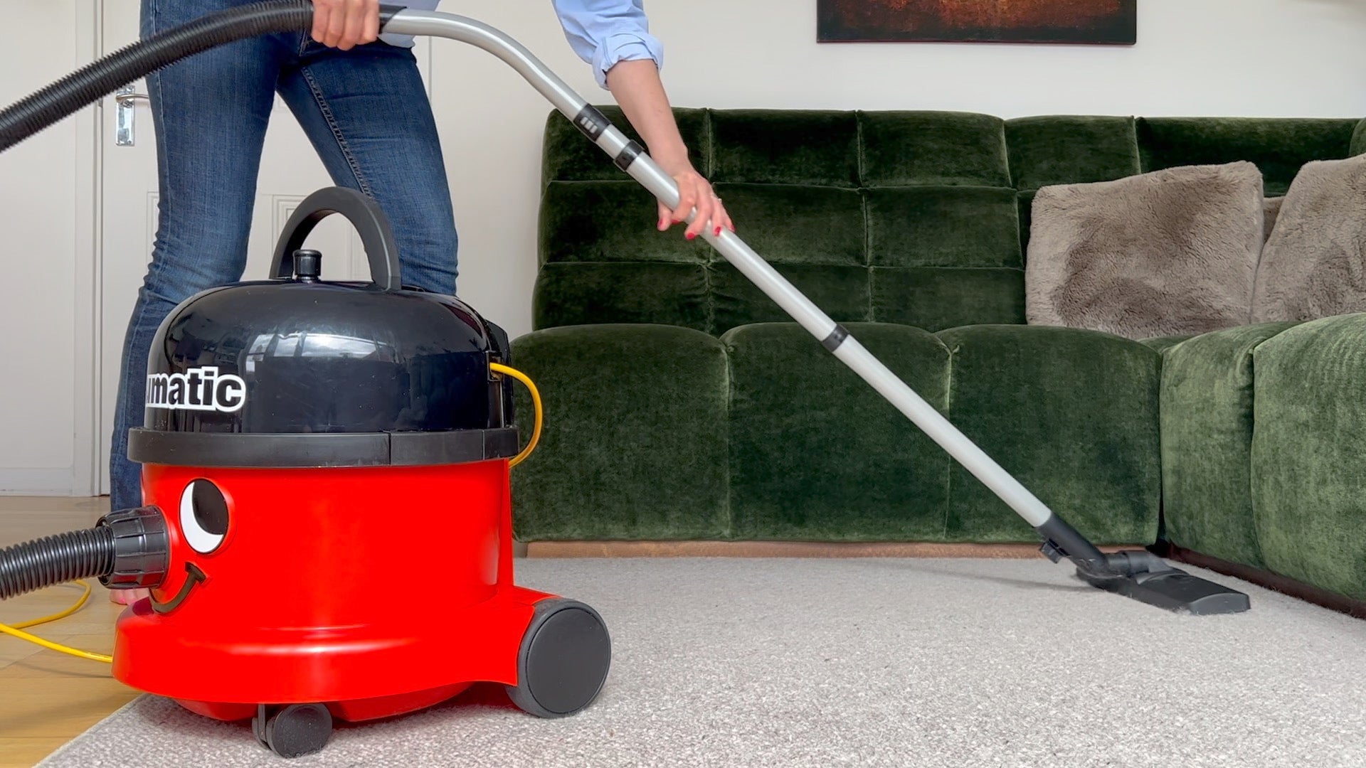 Reusable dust bag for Numatic Henry shown with vacuum cleaner accessories